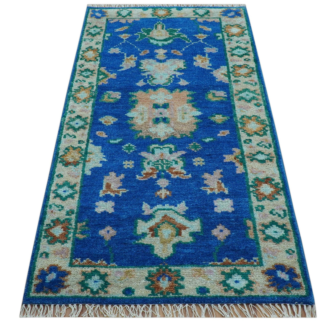 Hand knotted 2.6x6 Blue Traditional Oushak Design Wool Area Rug - The Rug Decor