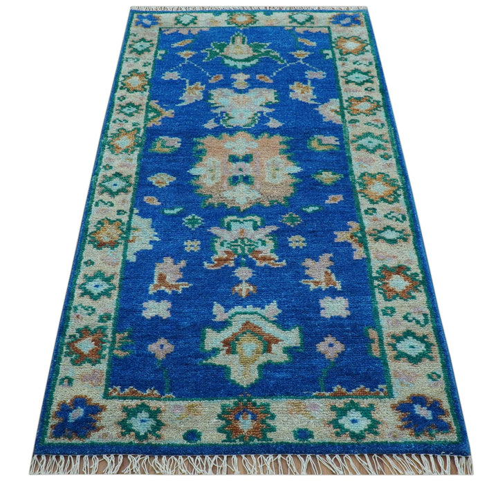 Hand knotted 2.6x6 Blue Traditional Oushak Design Wool Area Rug - The Rug Decor