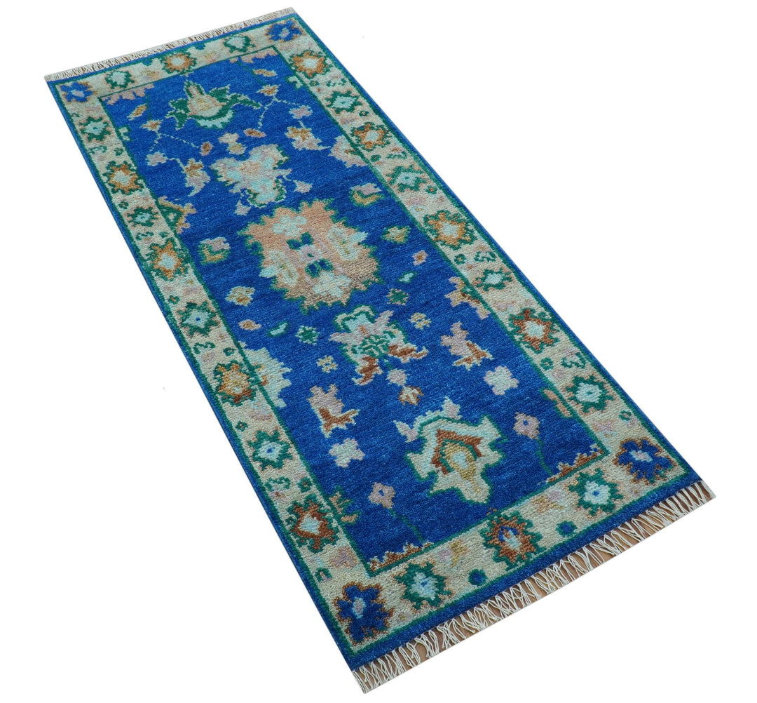 Hand knotted 2.6x6 Blue Traditional Oushak Design Wool Area Rug - The Rug Decor