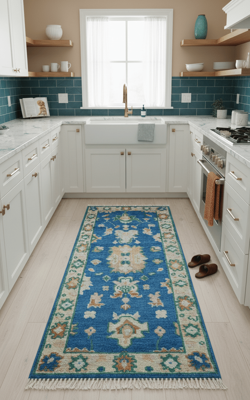 Hand knotted 2.6x6 Blue Traditional Oushak Design Wool Area Rug - The Rug Decor