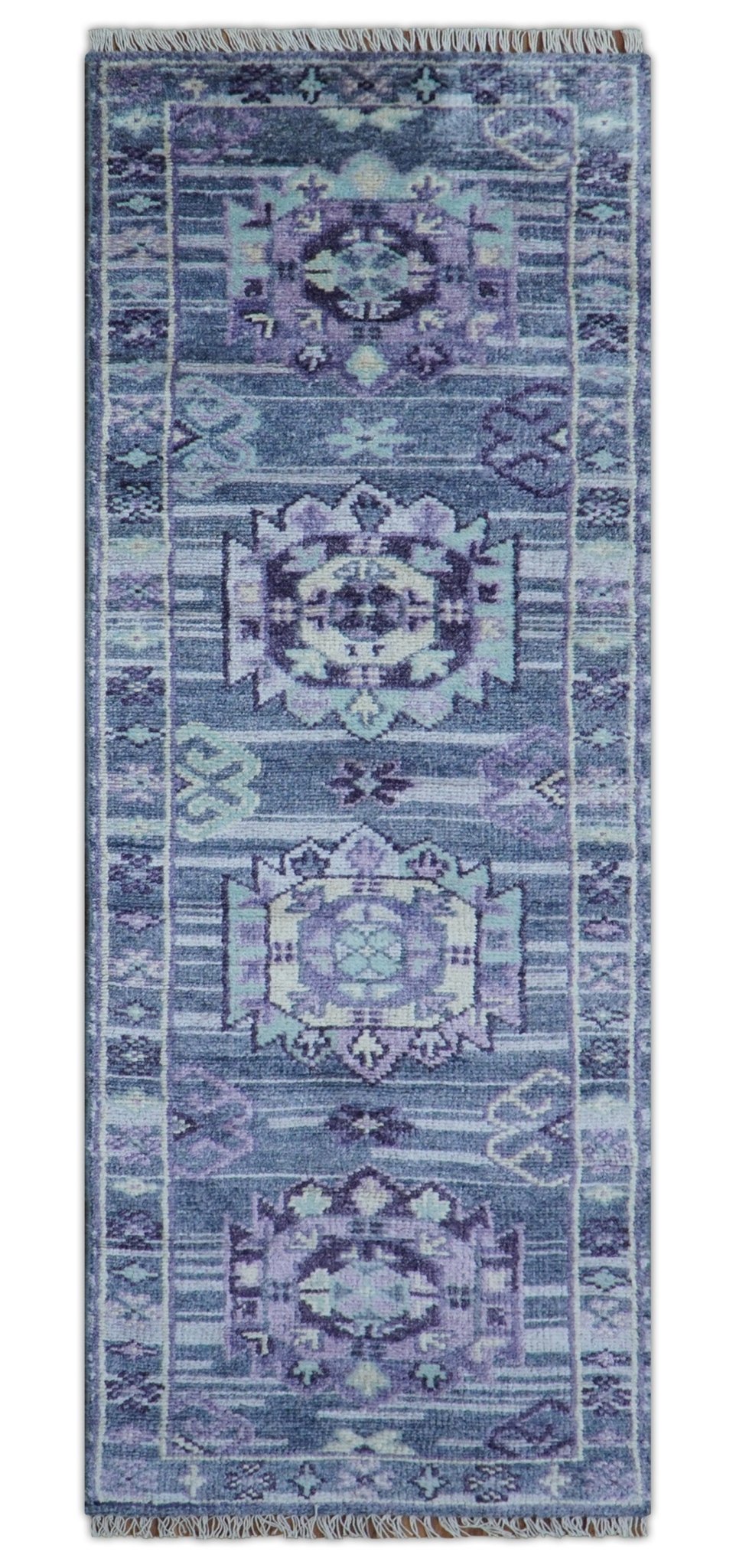 Hand knotted 2.6x8 Purple transitional geometrical Design Wool Area Rug - The Rug Decor