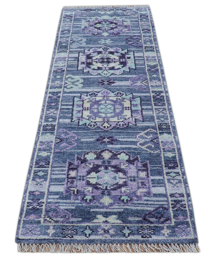 Hand knotted 2.6x8 Purple transitional geometrical Design Wool Area Rug - The Rug Decor