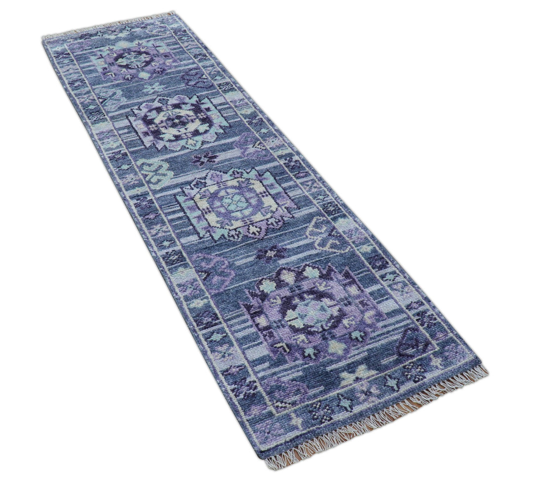 Hand knotted 2.6x8 Purple transitional geometrical Design Wool Area Rug - The Rug Decor