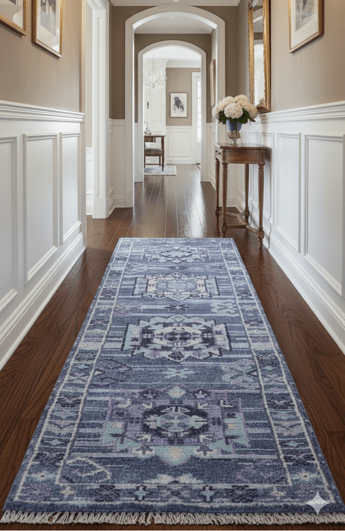 Hand knotted 2.6x8 Purple transitional geometrical Design Wool Area Rug - The Rug Decor