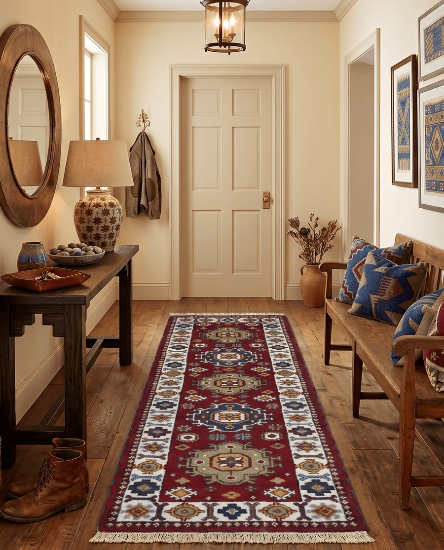 Hand Knotted 2.6x8 Traditional Kazak Red and Ivory Wool Rug - The Rug Decor