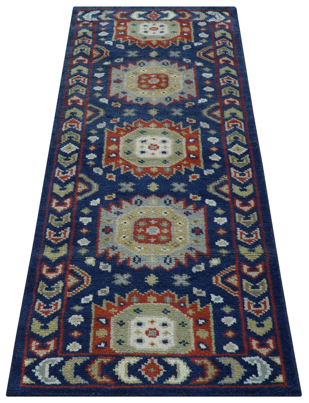 Hand Knotted 2.7x6 Traditional Blue And Rust Wool Runner Rug - The Rug Decor