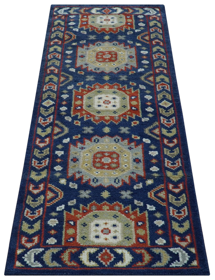 Hand Knotted 2.7x6 Traditional Blue And Rust Wool Runner Rug - The Rug Decor