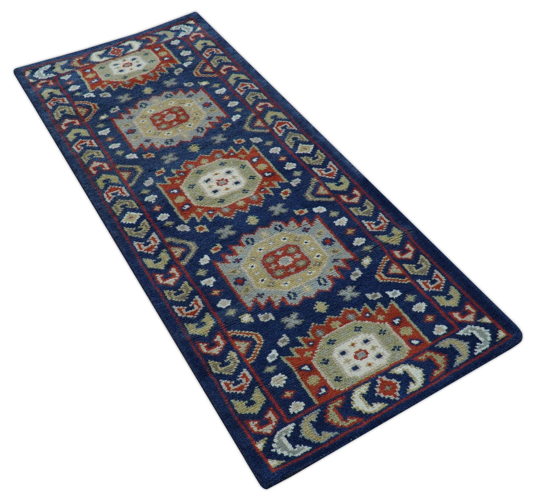 Hand Knotted 2.7x6 Traditional Blue And Rust Wool Runner Rug - The Rug Decor