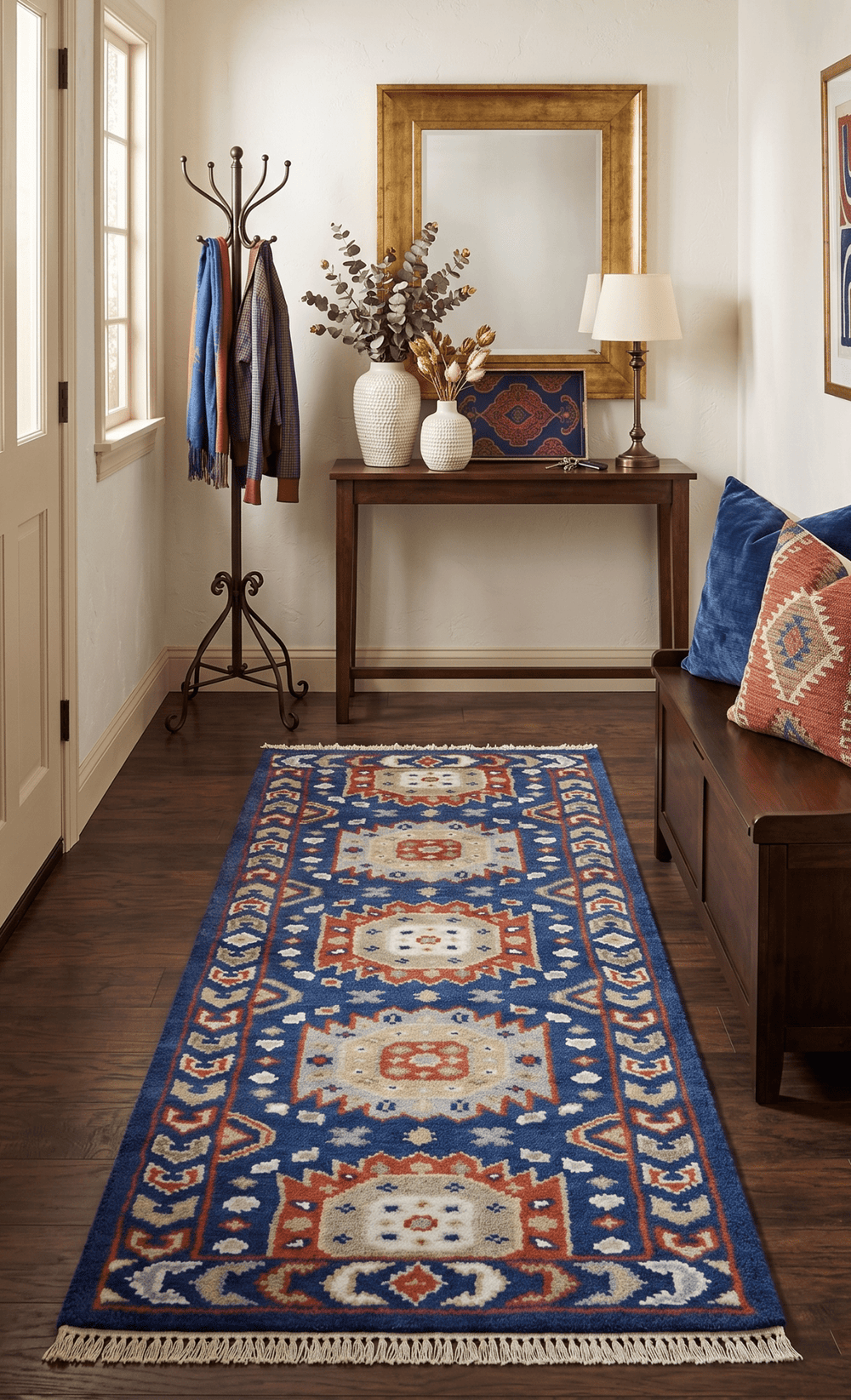 Hand Knotted 2.7x6 Traditional Blue And Rust Wool Runner Rug - The Rug Decor