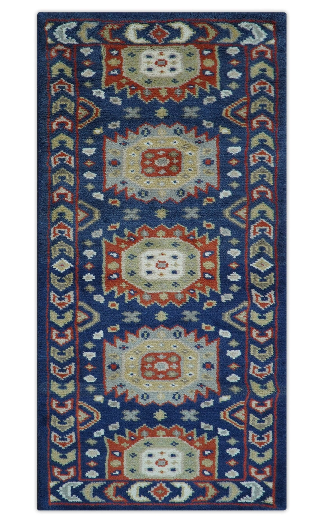 Hand Knotted 2.7x6 Traditional Blue And Rust Wool Runner Rug - The Rug Decor