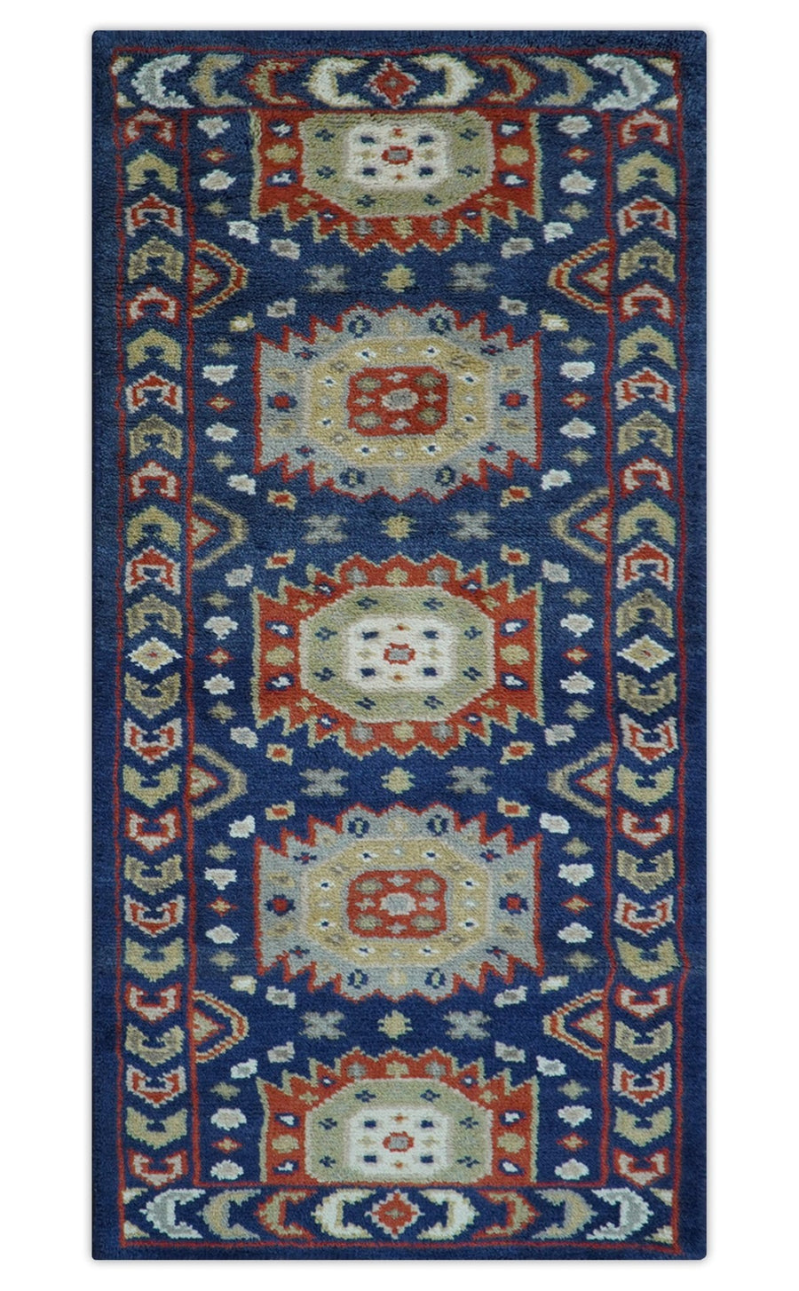 Hand Knotted 2.7x6 Traditional Blue And Rust Wool Runner Rug - The Rug Decor