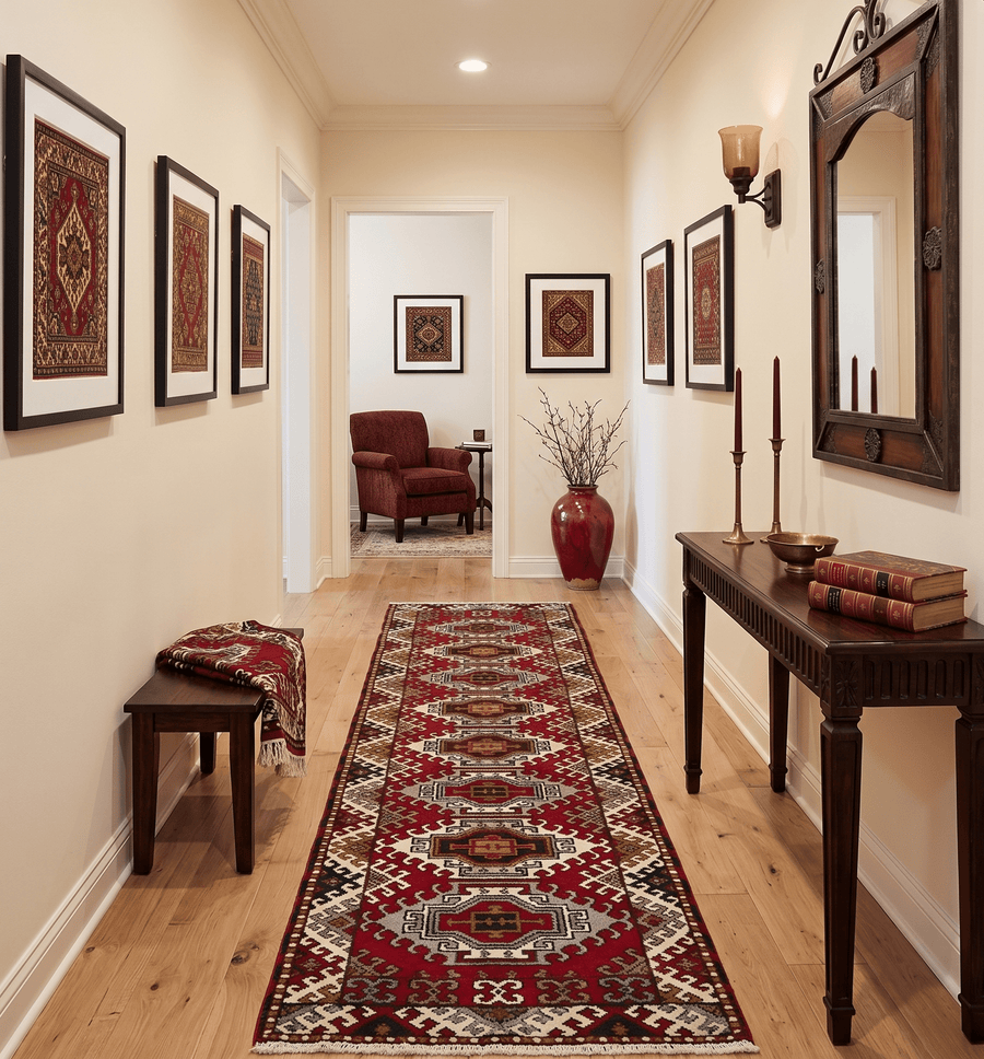 Hand Knotted 2.8x10 Traditional Kazak Ivory and Red Wool Area Rug - The Rug Decor