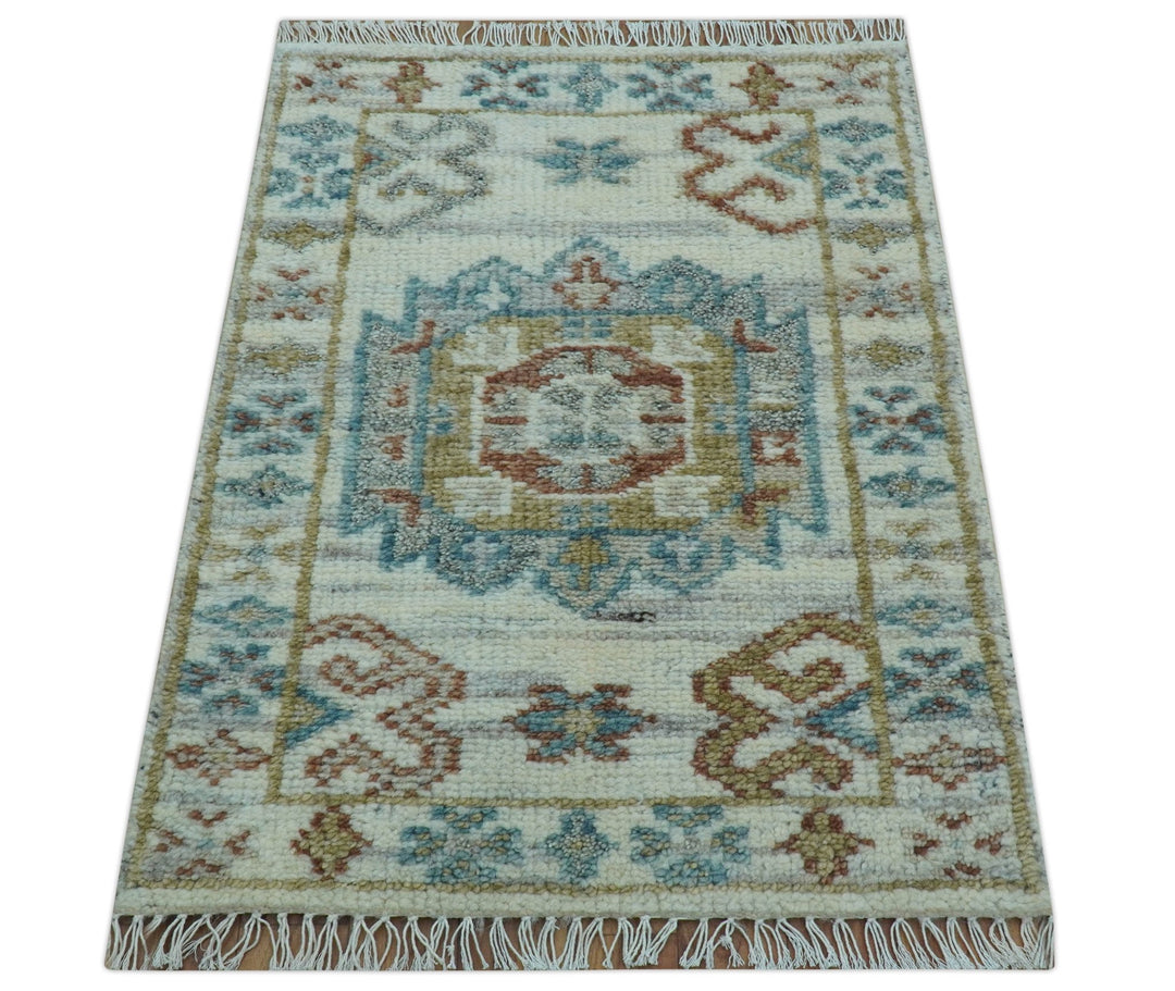 Hand knotted 2x3 Ivory And Blue transitional geometrical Design Wool Area Rug - The Rug Decor