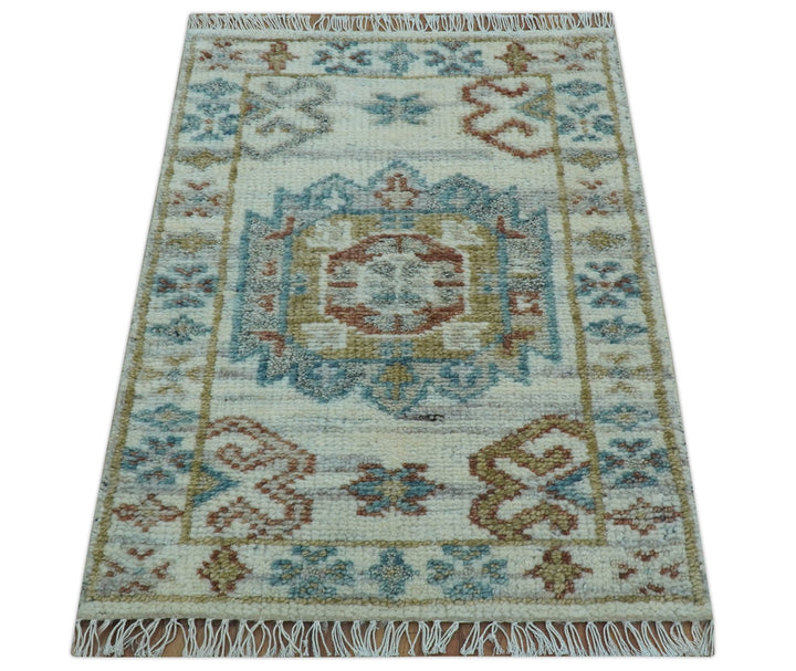 Hand knotted 2x3 Ivory And Blue transitional geometrical Design Wool Area Rug - The Rug Decor