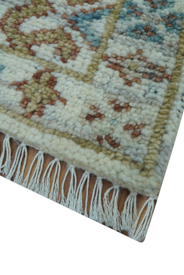 Hand knotted 2x3 Ivory And Blue transitional geometrical Design Wool Area Rug - The Rug Decor