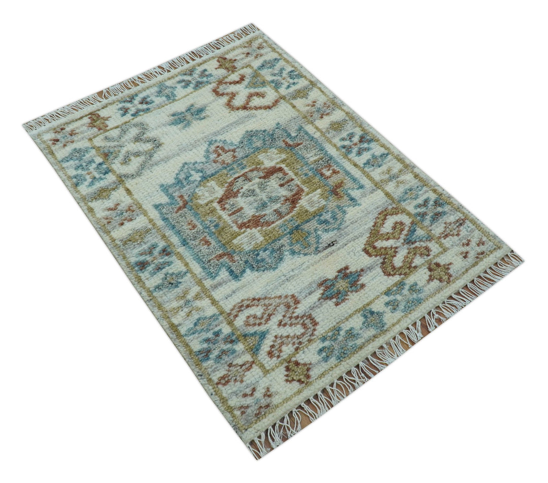 Hand knotted 2x3 Ivory And Blue transitional geometrical Design Wool Area Rug - The Rug Decor