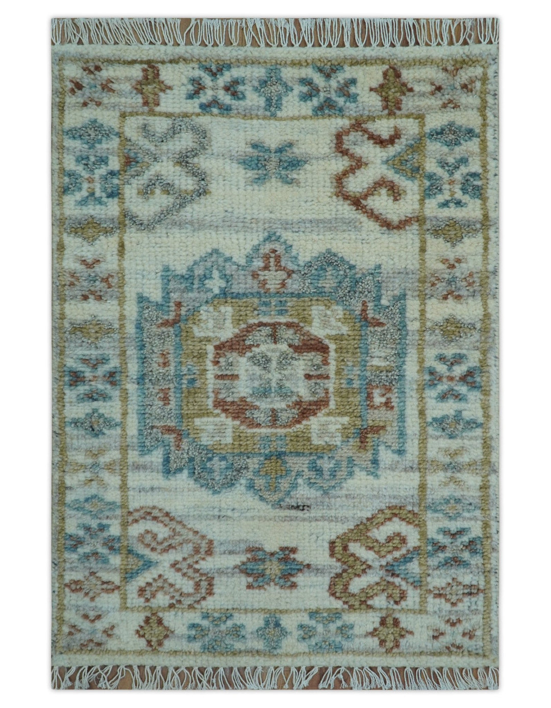 Hand knotted 2x3 Ivory And Blue transitional geometrical Design Wool Area Rug - The Rug Decor