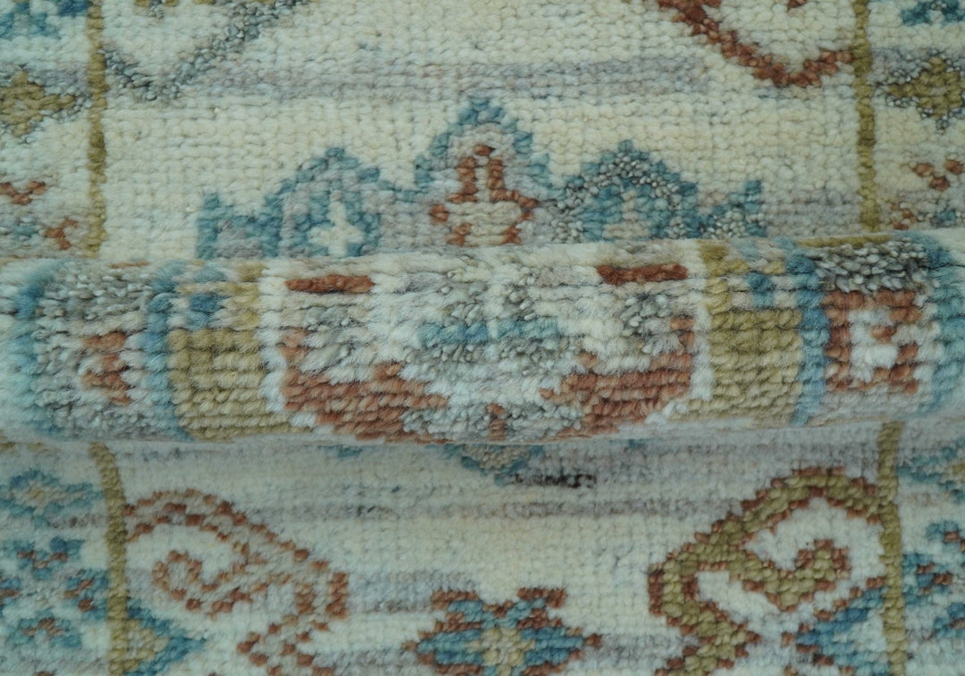 Hand knotted 2x3 Ivory And Blue transitional geometrical Design Wool Area Rug - The Rug Decor