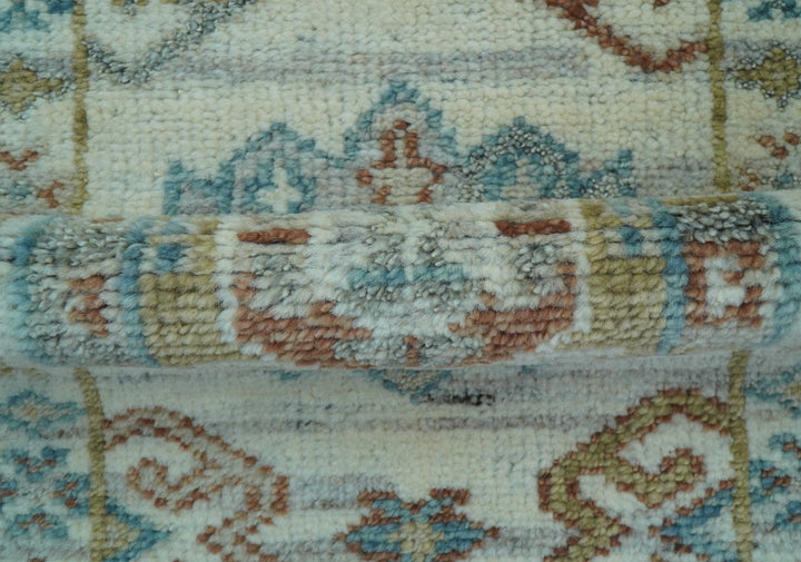 Hand knotted 2x3 Ivory And Blue transitional geometrical Design Wool Area Rug - The Rug Decor