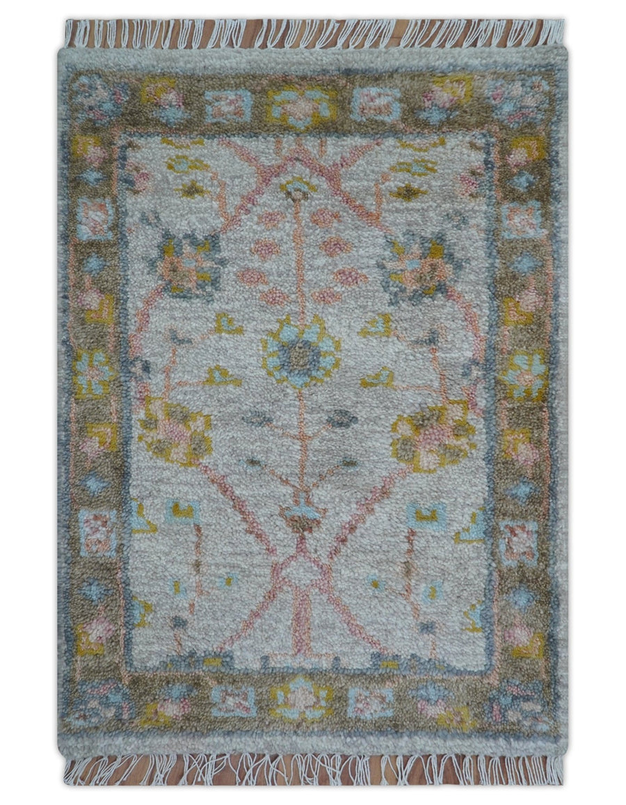 Hand Knotted 2x3 Oushak Design Gray And Green Wool Rug - The Rug Decor