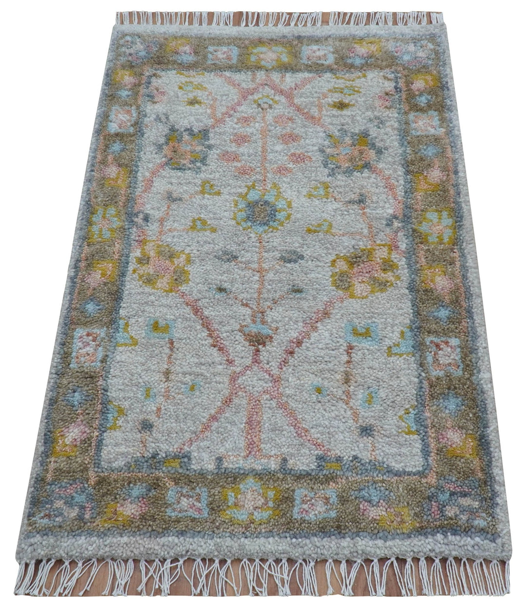 Hand Knotted 2x3 Oushak Design Gray And Green Wool Rug - The Rug Decor