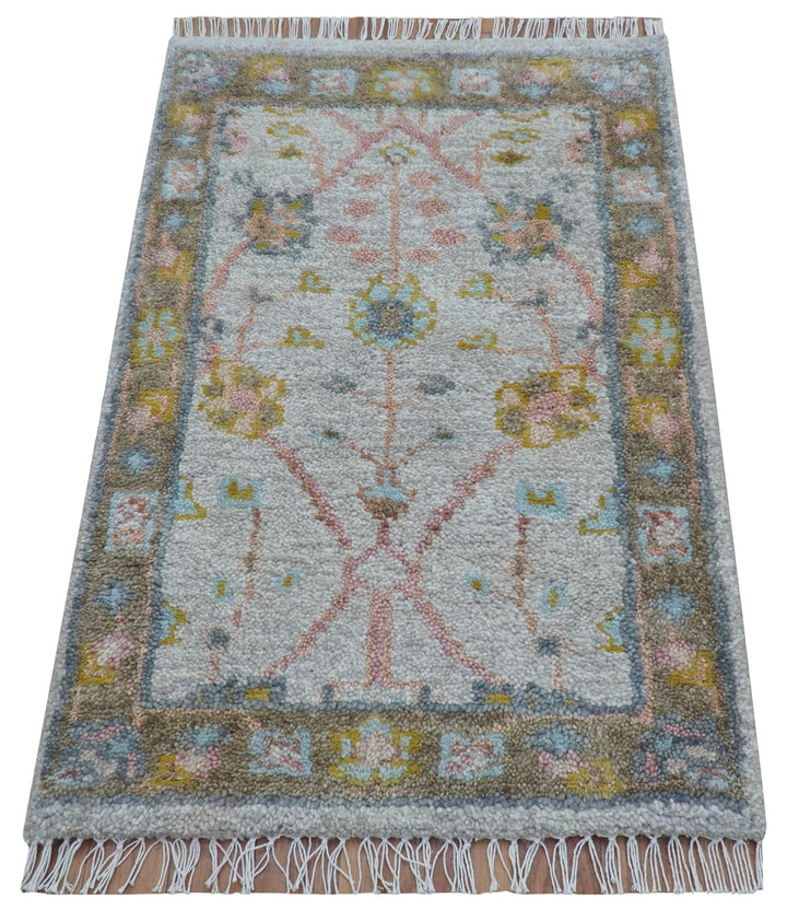 Hand Knotted 2x3 Oushak Design Gray And Green Wool Rug - The Rug Decor