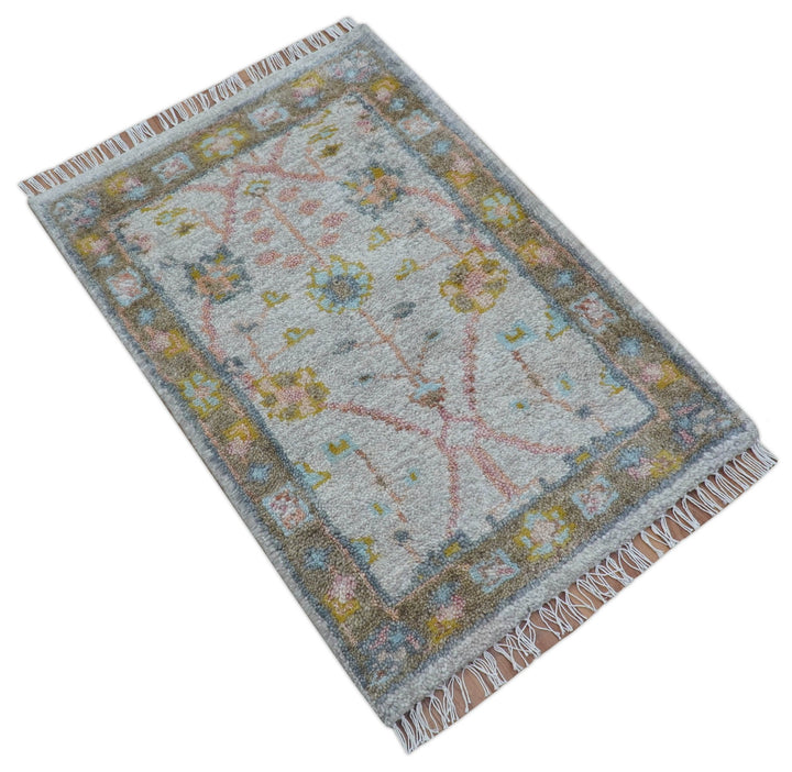 Hand Knotted 2x3 Oushak Design Gray And Green Wool Rug - The Rug Decor