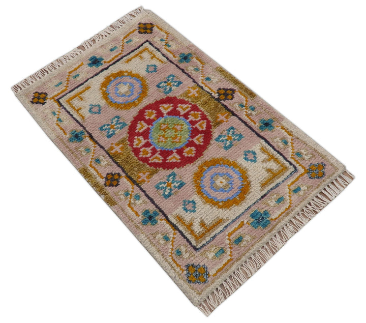 Hand knotted 2x3 Peach And Red Traditional Khotan Design Wool Rug - The Rug Decor