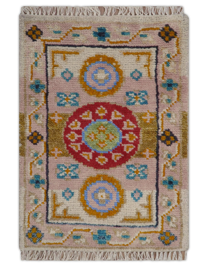 Hand knotted 2x3 Peach And Red Traditional Khotan Design Wool Rug - The Rug Decor