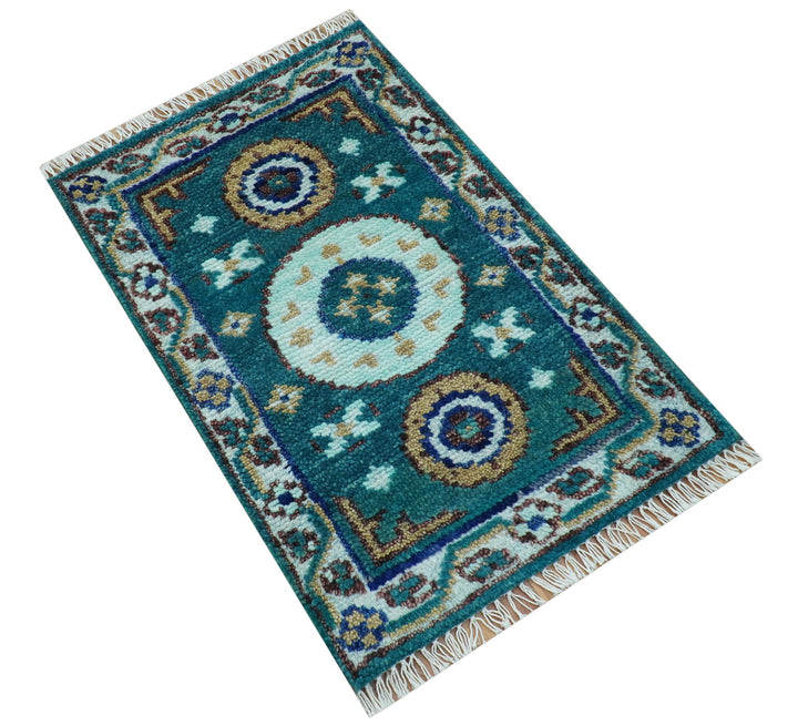 Hand knotted 2x3 Teal Traditional Khotan Design Wool Area Rug - The Rug Decor