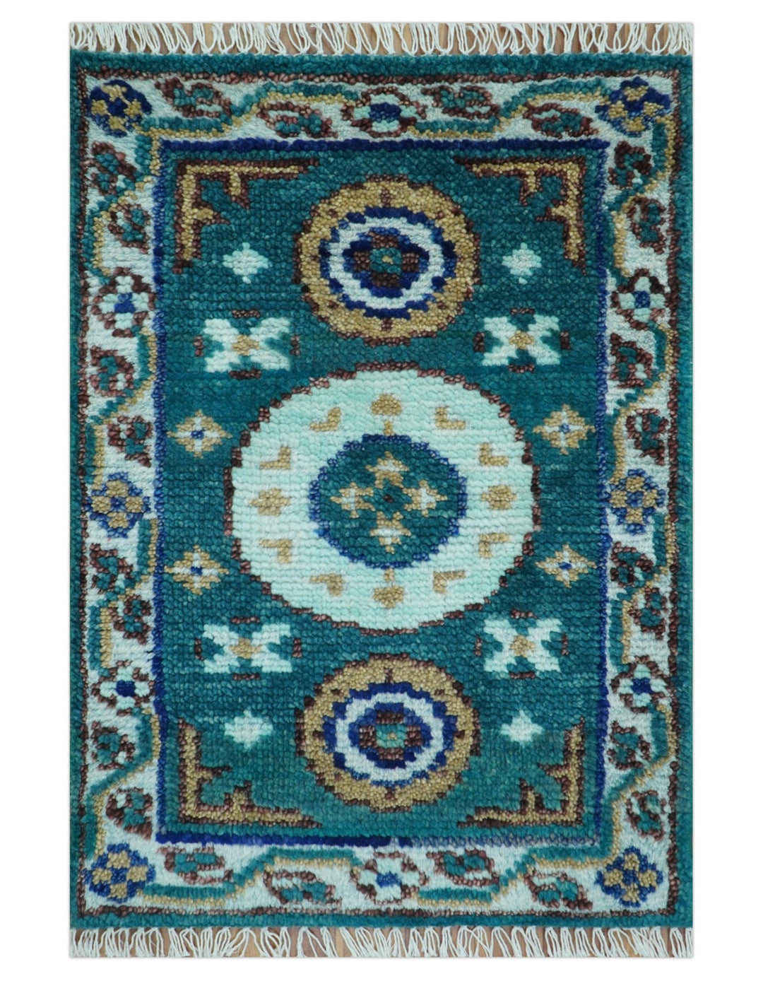 Hand knotted 2x3 Teal Traditional Khotan Design Wool Area Rug - The Rug Decor