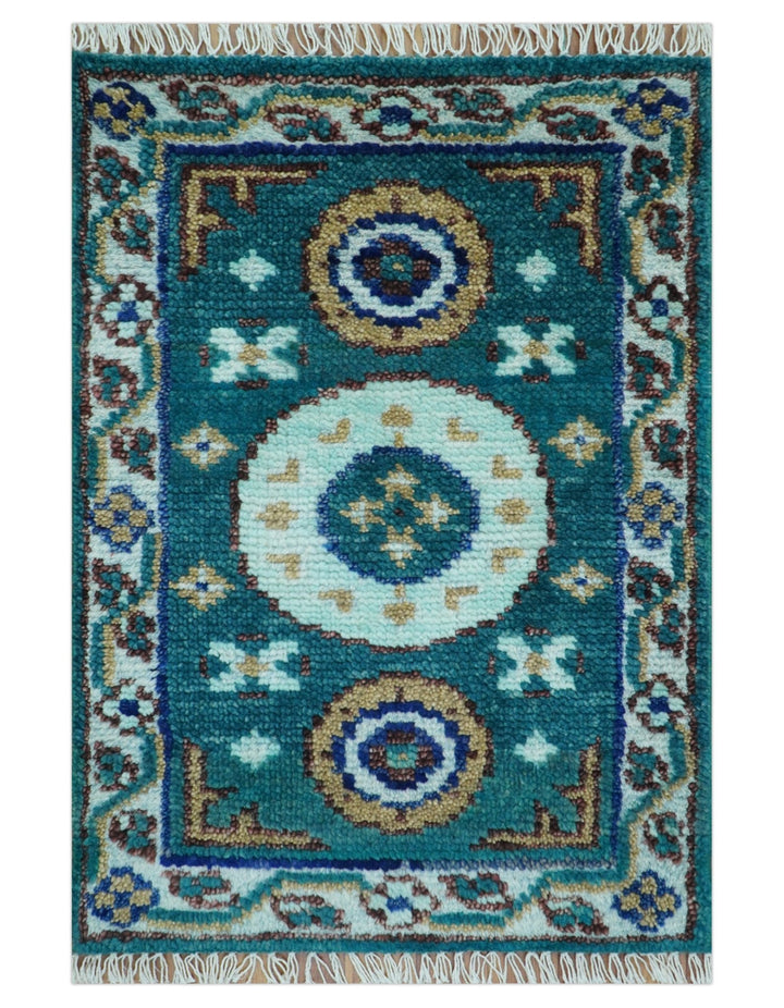 Hand knotted 2x3 Teal Traditional Khotan Design Wool Area Rug - The Rug Decor