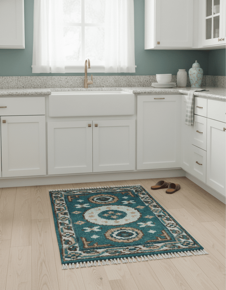 Hand knotted 2x3 Teal Traditional Khotan Design Wool Area Rug - The Rug Decor