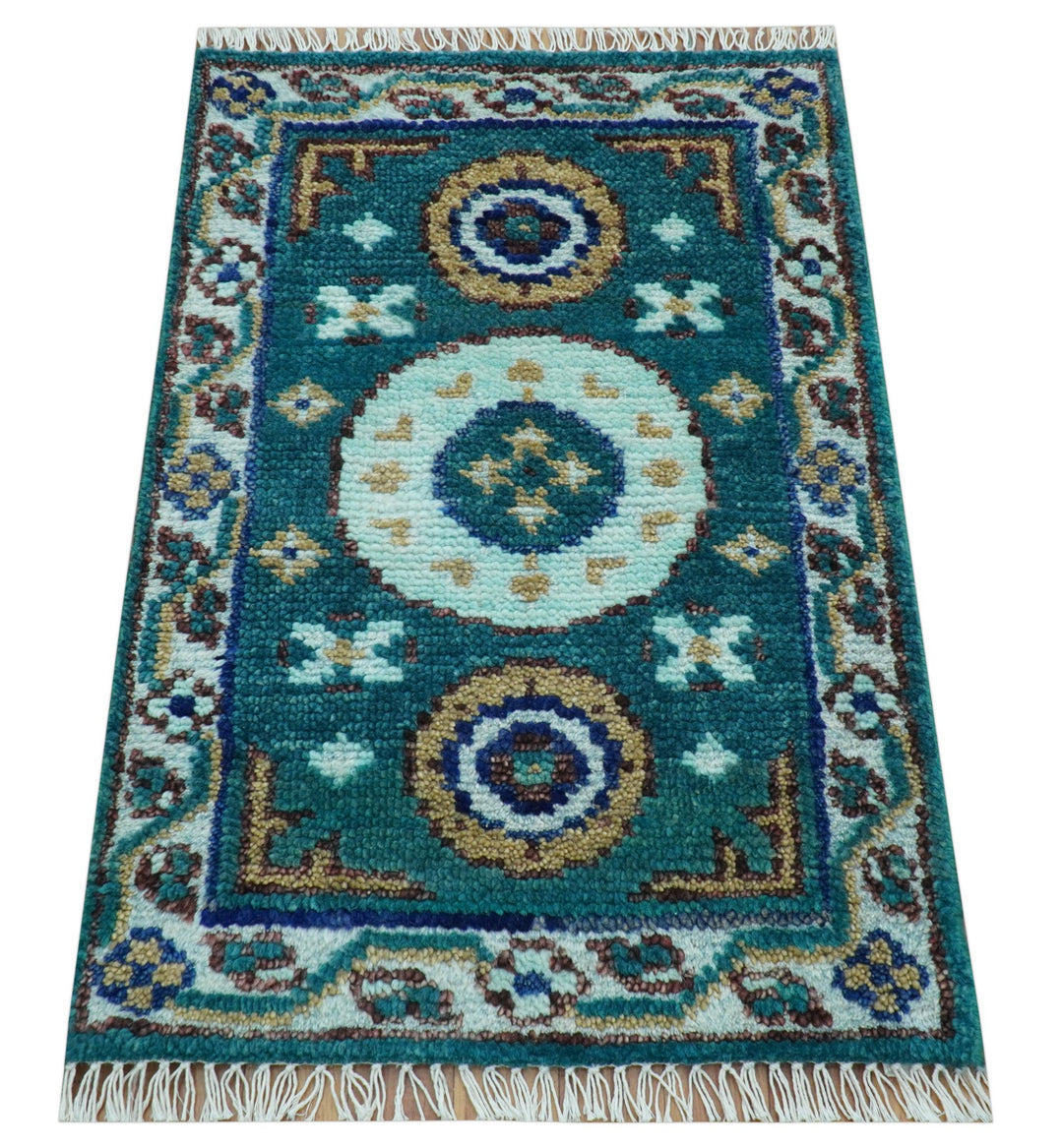 Hand knotted 2x3 Teal Traditional Khotan Design Wool Area Rug - The Rug Decor