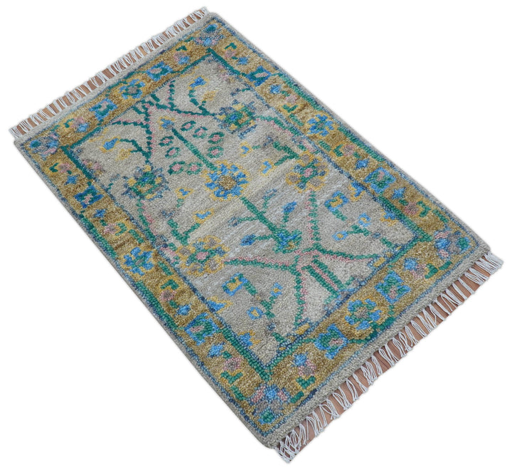 Hand Knotted 2x3 Traditional Design Gray And Green Wool Area Rug - The Rug Decor