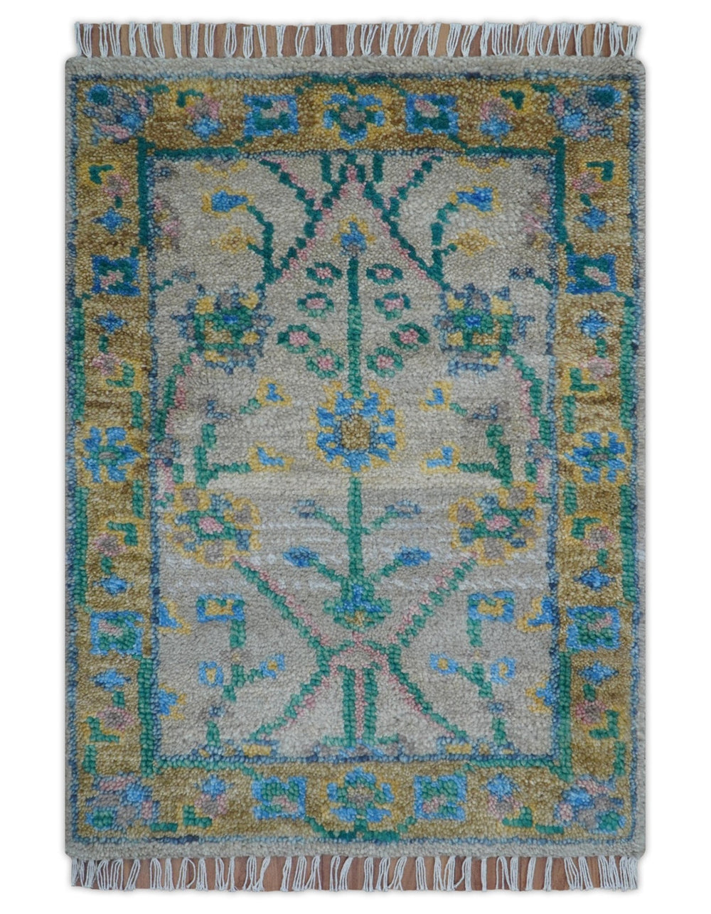Hand Knotted 2x3 Traditional Design Gray And Green Wool Area Rug - The Rug Decor