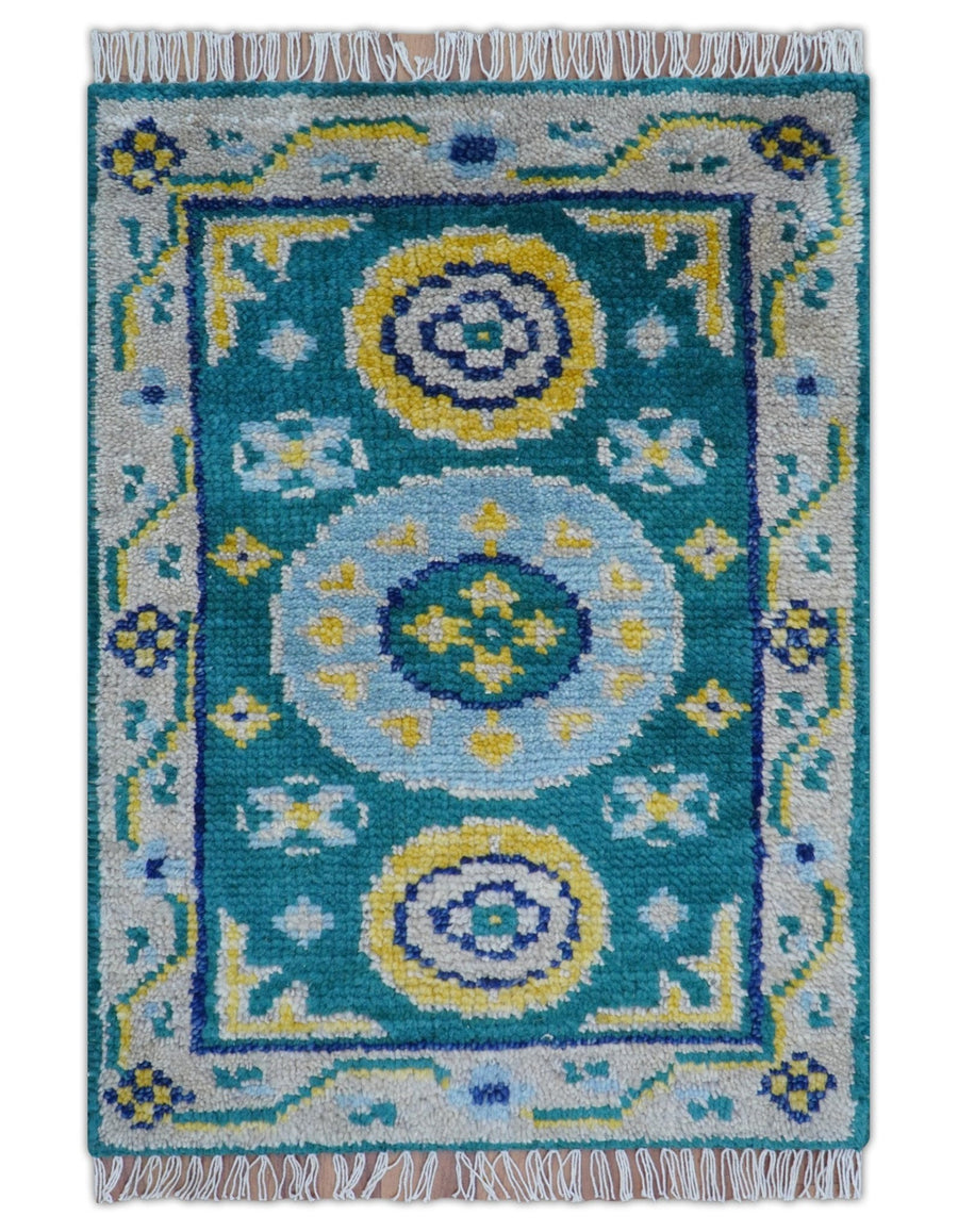 Hand Knotted 2x3 Traditional Khotan Design Teal And Mustard Wool Rug - The Rug Decor
