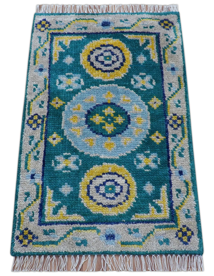 Hand Knotted 2x3 Traditional Khotan Design Teal And Mustard Wool Rug - The Rug Decor