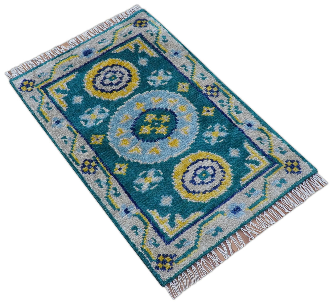 Hand Knotted 2x3 Traditional Khotan Design Teal And Mustard Wool Rug - The Rug Decor