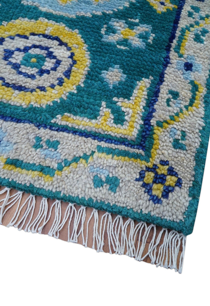 Hand Knotted 2x3 Traditional Khotan Design Teal And Mustard Wool Rug - The Rug Decor