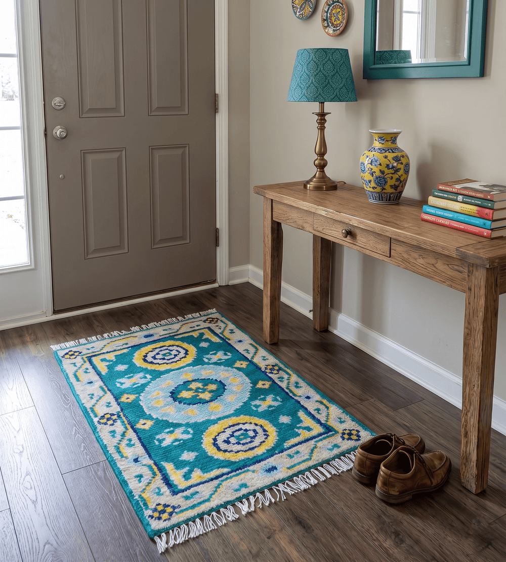Hand Knotted 2x3 Traditional Khotan Design Teal And Mustard Wool Rug - The Rug Decor