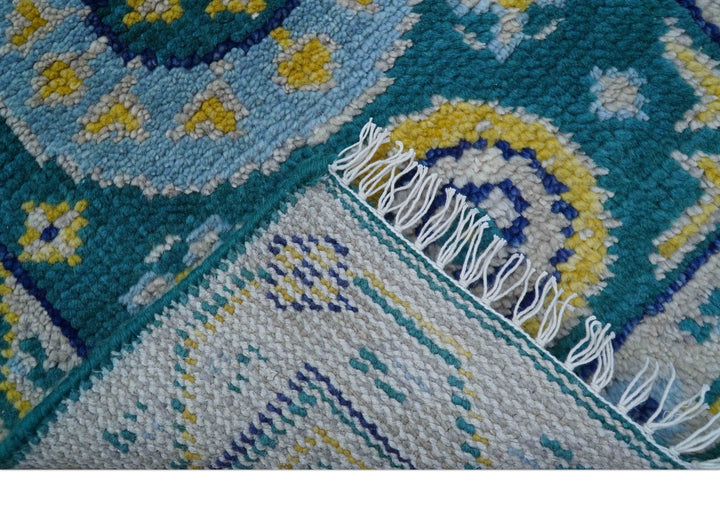 Hand Knotted 2x3 Traditional Khotan Design Teal And Mustard Wool Rug - The Rug Decor