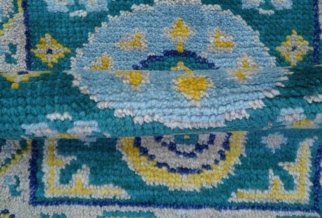 Hand Knotted 2x3 Traditional Khotan Design Teal And Mustard Wool Rug - The Rug Decor