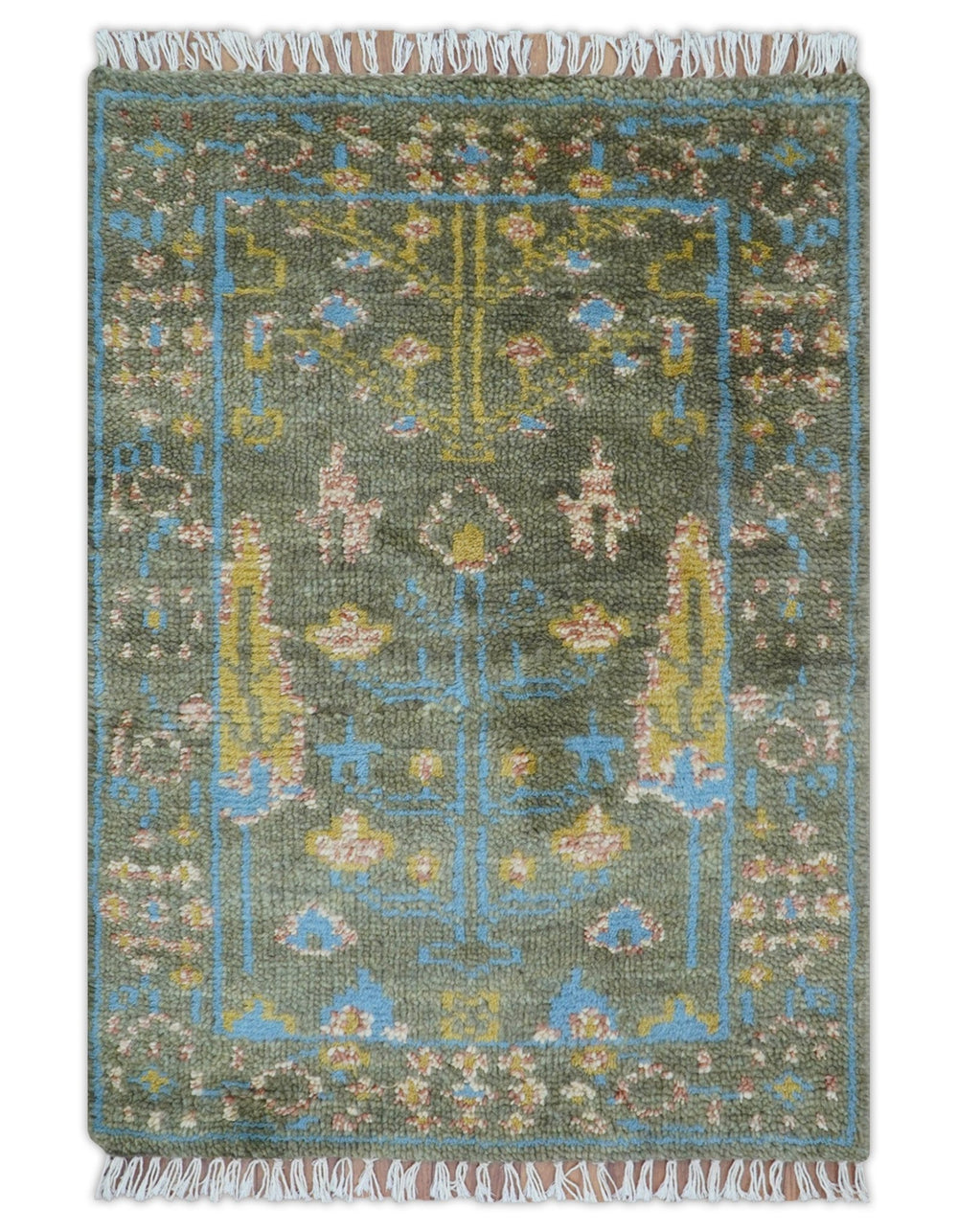 Hand Knotted 2x3 Traditional Tree of life Olive Wool Area Rug - The Rug Decor