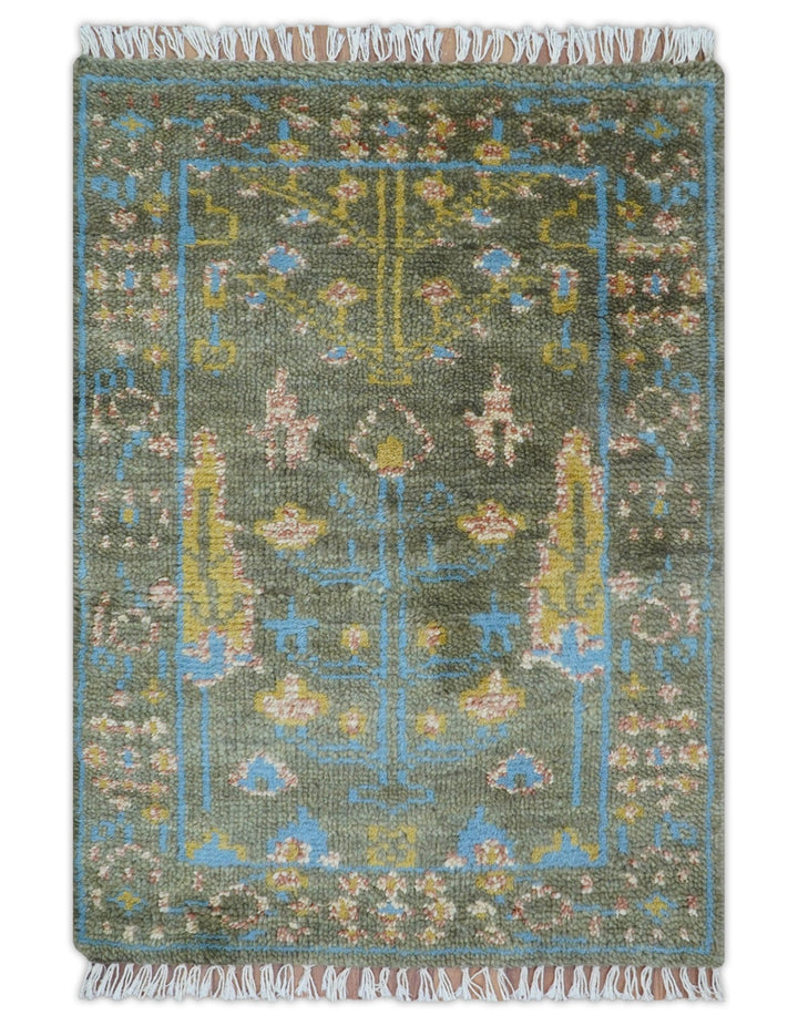 Hand Knotted 2x3 Traditional Tree of life Olive Wool Area Rug - The Rug Decor
