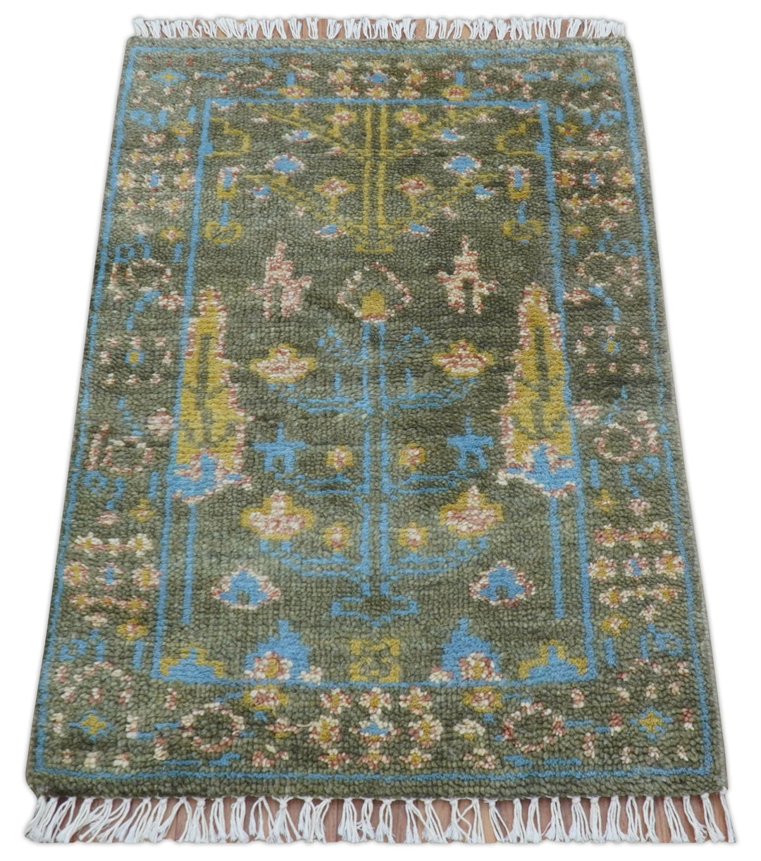 Hand Knotted 2x3 Traditional Tree of life Olive Wool Area Rug - The Rug Decor