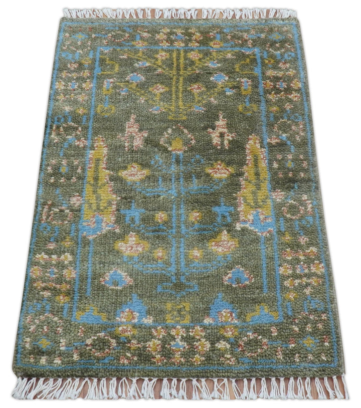 Hand Knotted 2x3 Traditional Tree of life Olive Wool Area Rug - The Rug Decor
