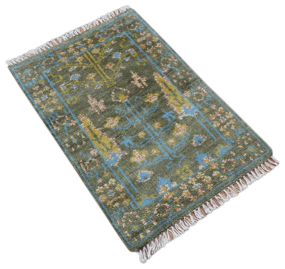 Hand Knotted 2x3 Traditional Tree of life Olive Wool Area Rug - The Rug Decor