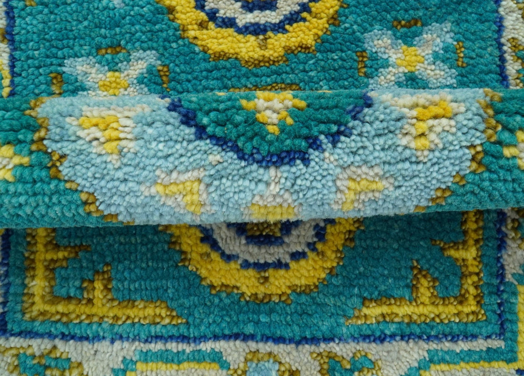 Hand knotted 2x3 Yellow And Teal Traditional Khotan Design Wool Area Rug - The Rug Decor