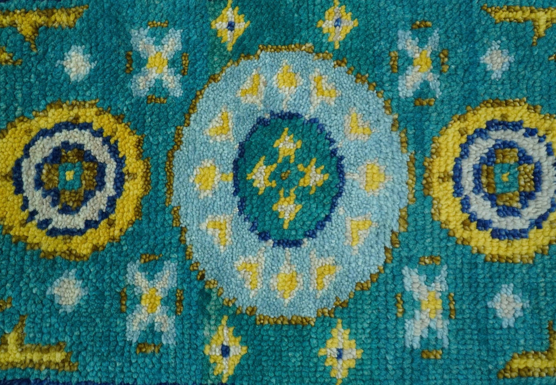 Hand knotted 2x3 Yellow And Teal Traditional Khotan Design Wool Area Rug - The Rug Decor